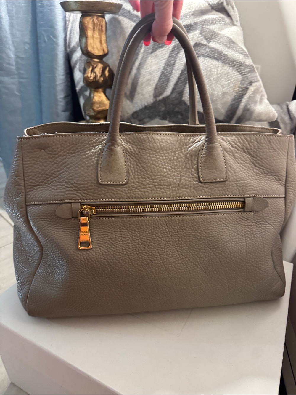 Prada Taupe Pebbled Leather Satchel with Gold Hardware - Picture 5 of 10